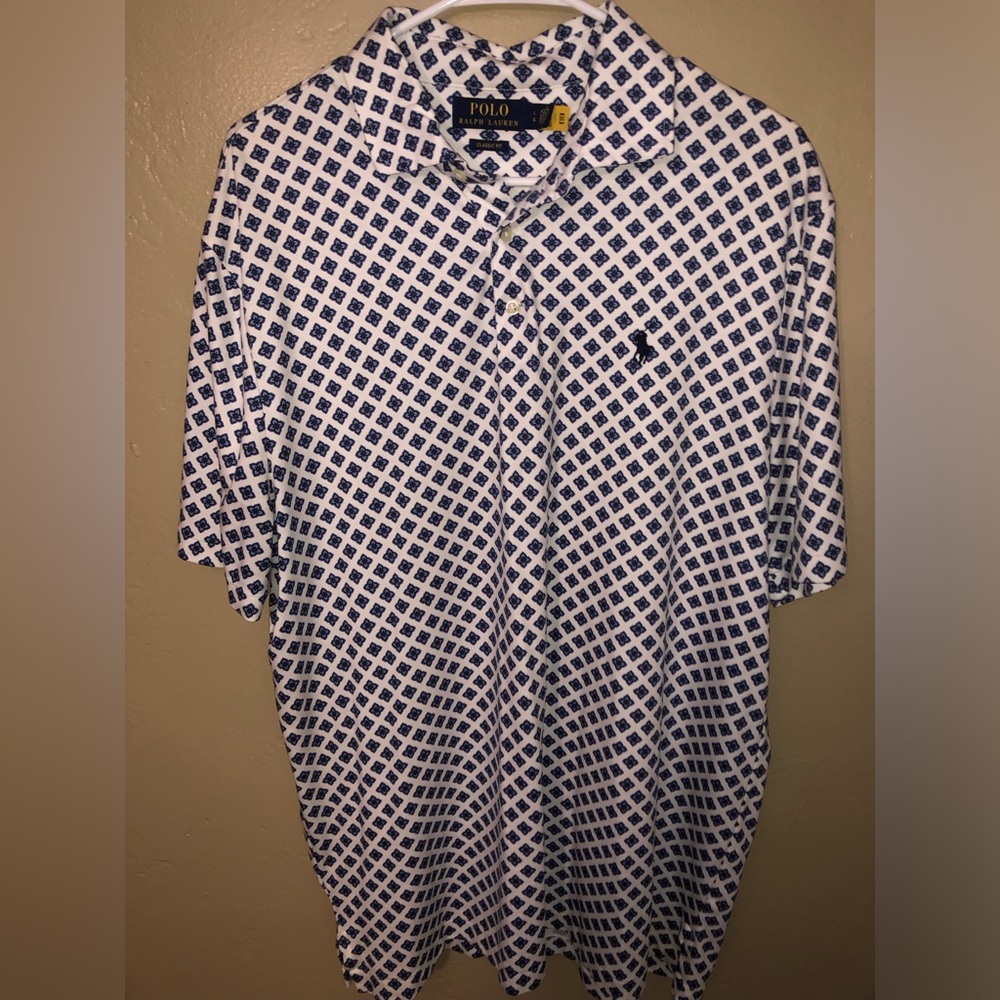 Polo by Ralph Lauren Blue and White Geometric Polo Shirt